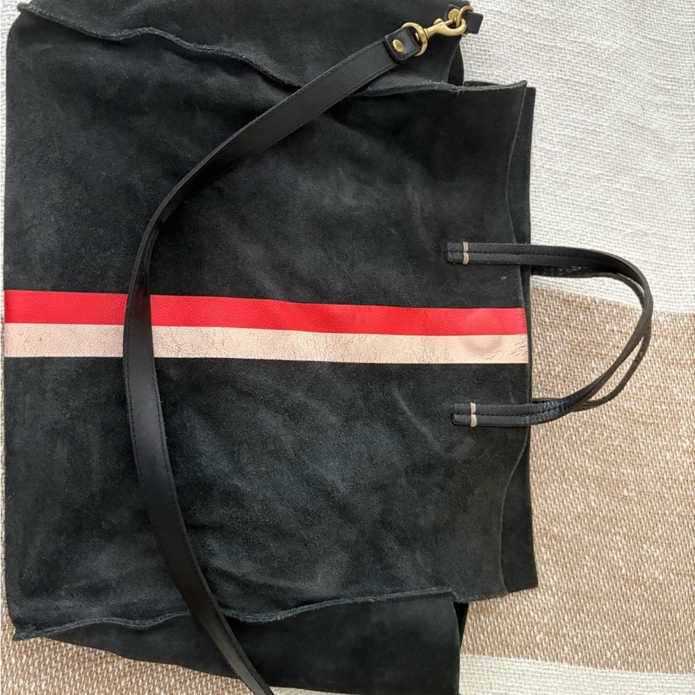 Clare V Black Tote Bag with Red and Cream Stripe